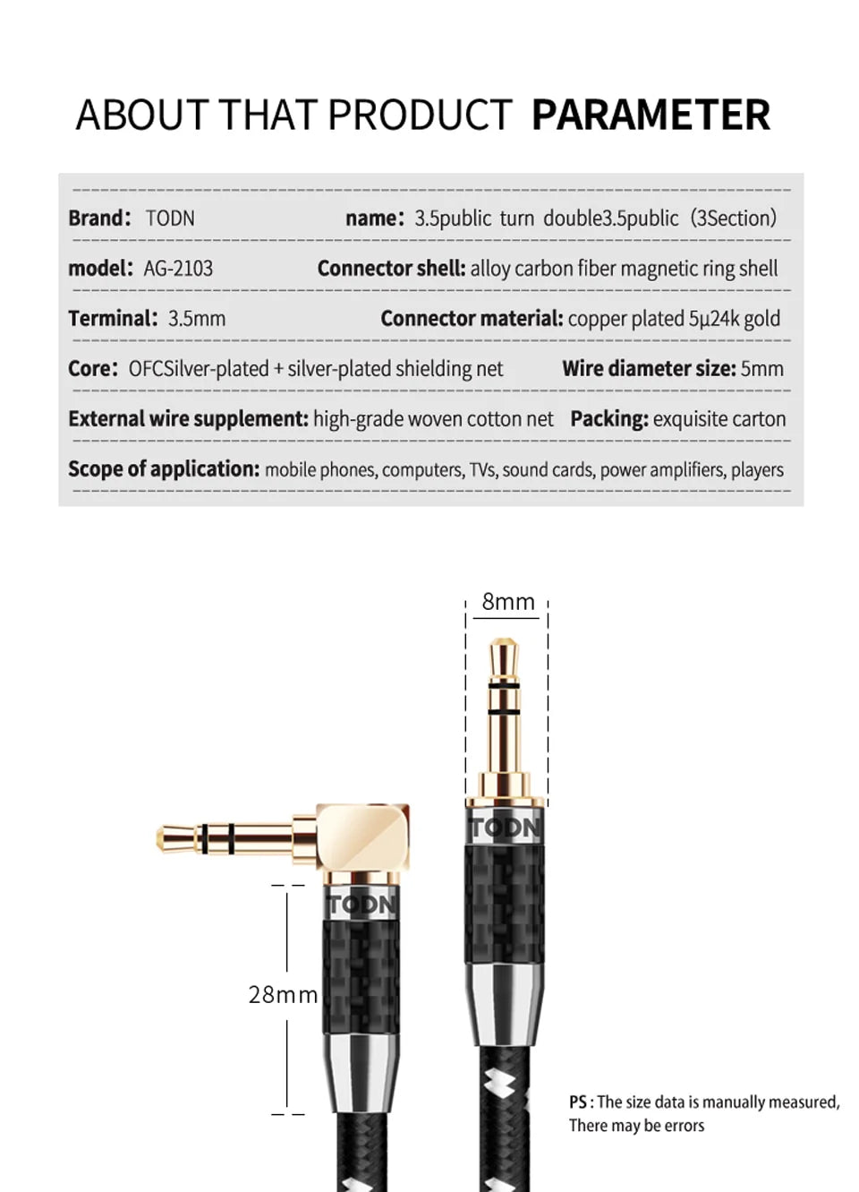 TODN Aux Cable Jack 3.5MM to 3.5MM Audio Cable Jack Speaker Cable for Iphone Computer Car Speaker for Ipad for Huawei Xiaomi