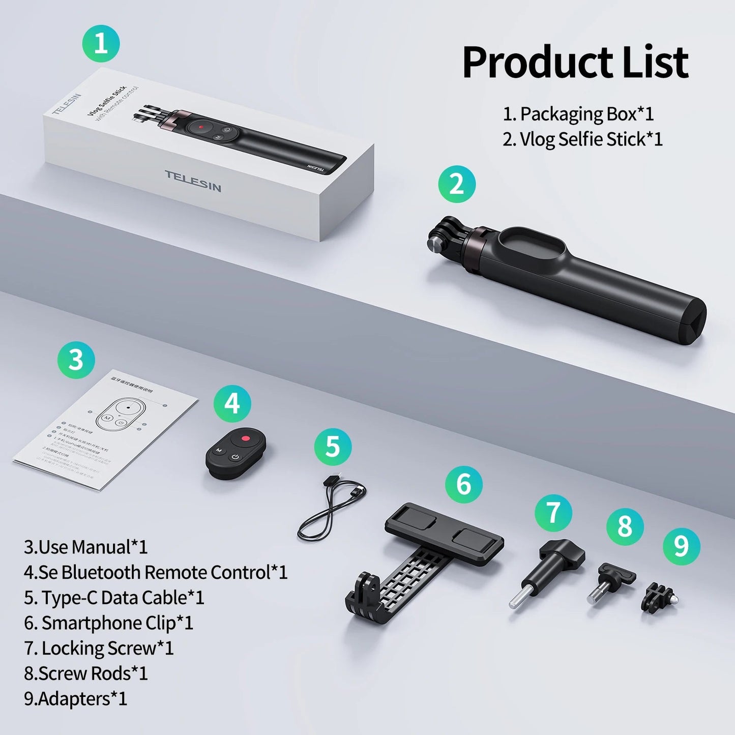 TELESIN Portable Selfie Stick & Tripod with Bluetooth Remote