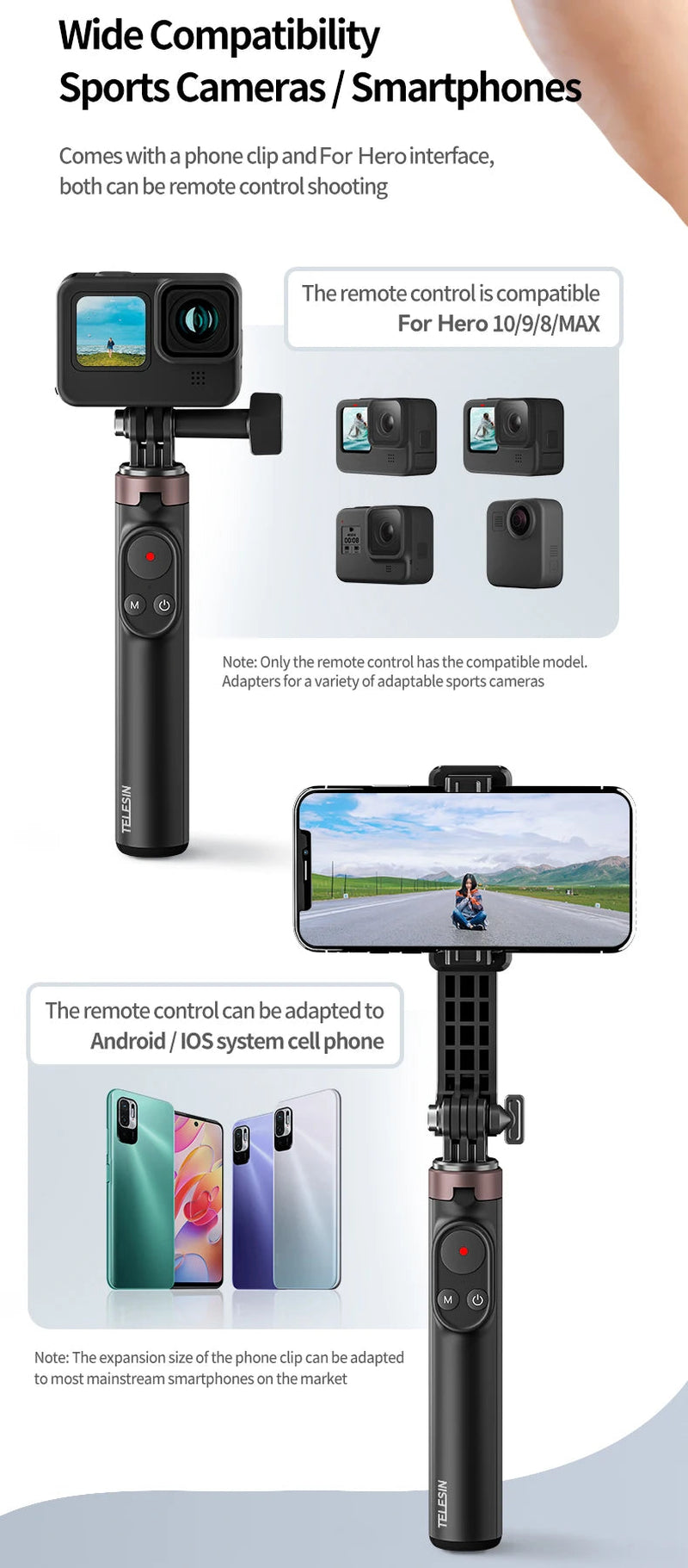 TELESIN Portable Selfie Stick & Tripod with Bluetooth Remote