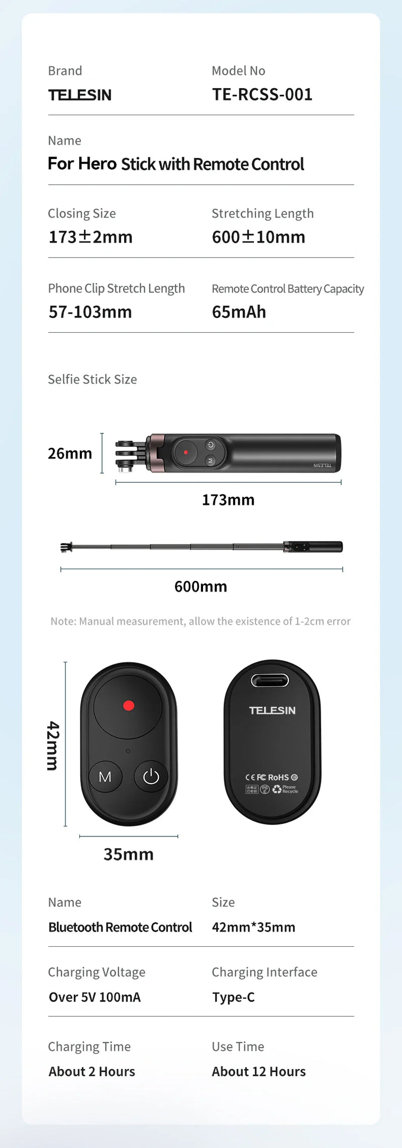 TELESIN Portable Selfie Stick & Tripod with Bluetooth Remote
