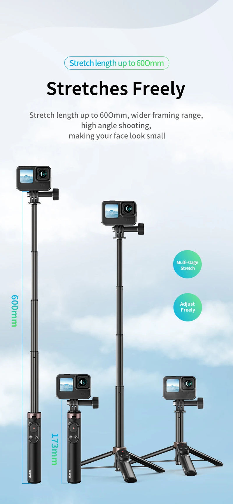 TELESIN Portable Selfie Stick & Tripod with Bluetooth Remote