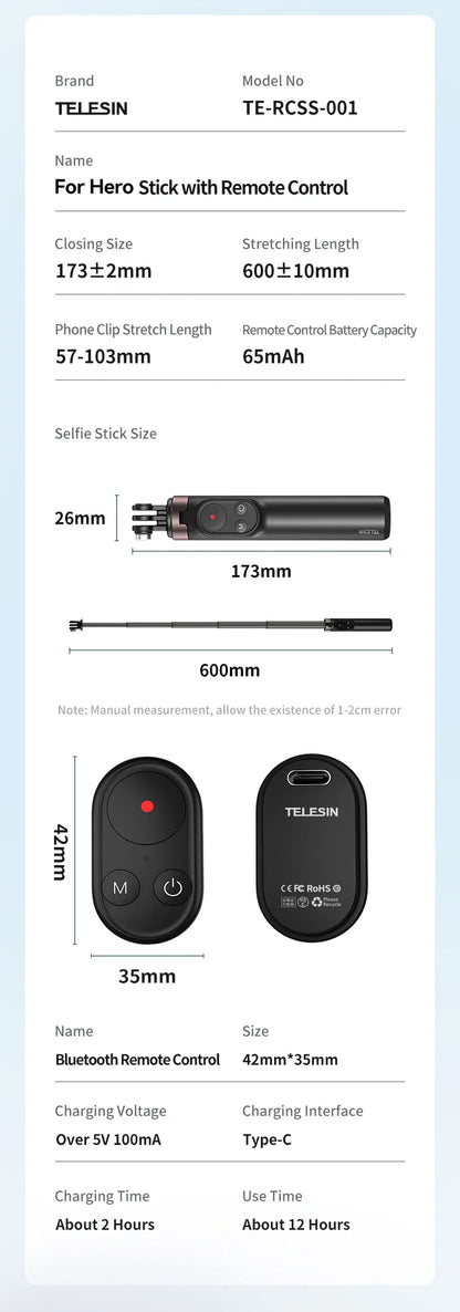 TELESIN Portable Selfie Stick & Tripod with Bluetooth Remote